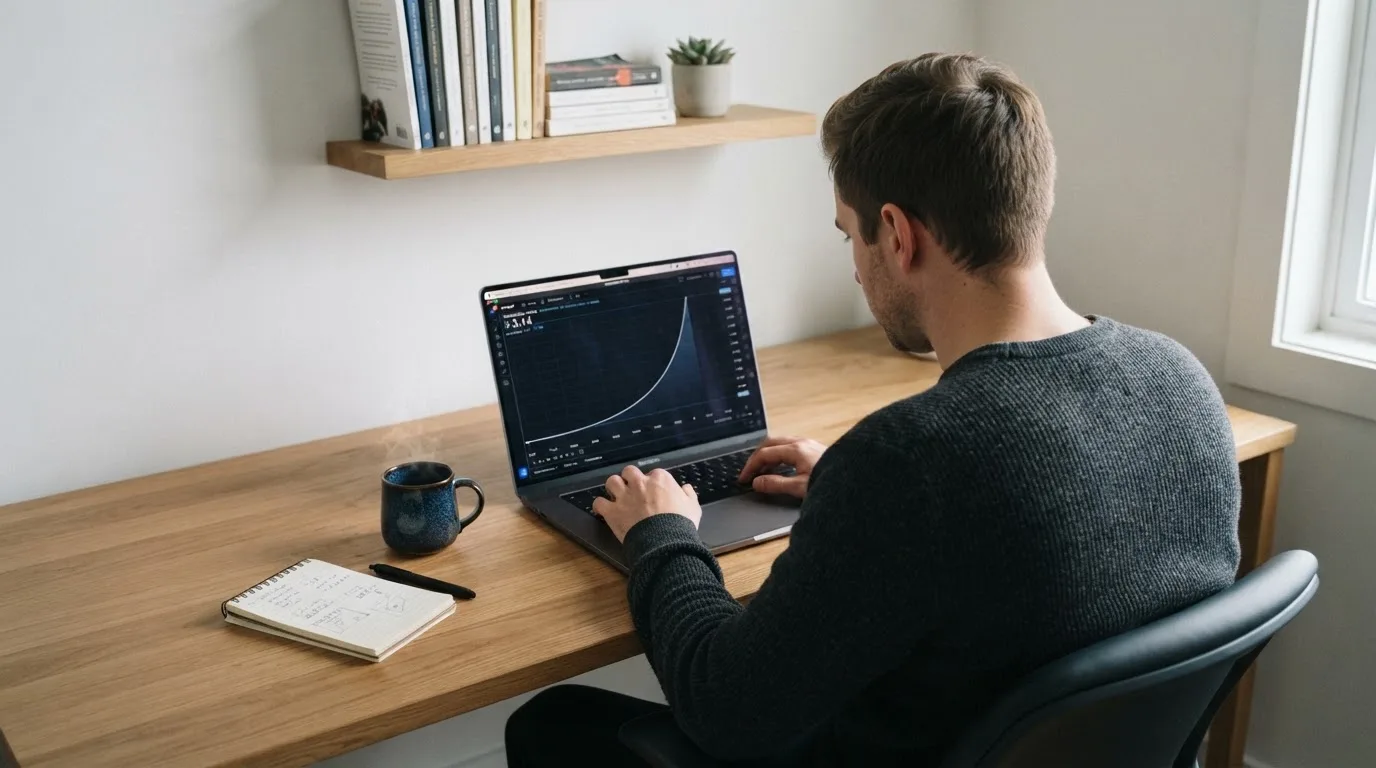 Un uomo seduto alla scrivania osserva pensieroso il monitor di un computer portatile, in una stanza ordinata con una tazza di caffè accanto.